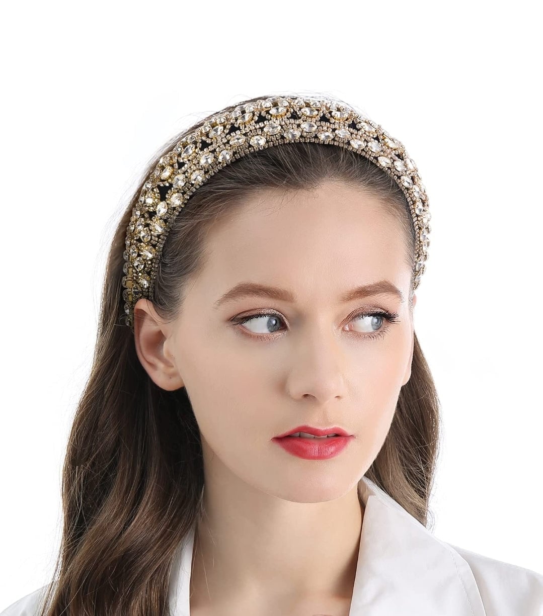 Long Wavy Dark Brown Hair With Jeweled Headband Long Wavy Dark Brown Hair With Jeweled Headband — Padded Headband Hairstyles 2027