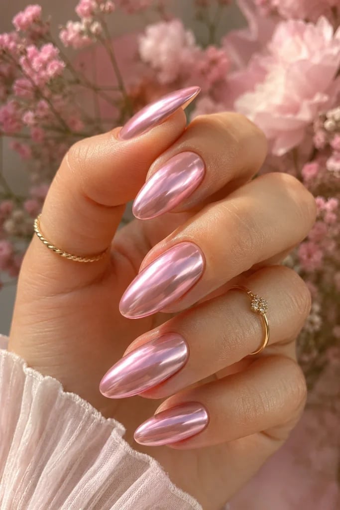 Pale Pink Pearlescent Chrome Almond Nails Pale Pink Pearlescent Chrome Almond Nails — Pastel Chrome Nails 2027