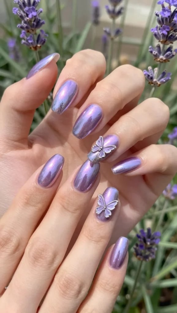 Iridescent Purple Chrome Almond Nails with Butterfly Charms Iridescent Purple Chrome Almond Nails with Butterfly Charms — Pastel Chrome Nails 2027