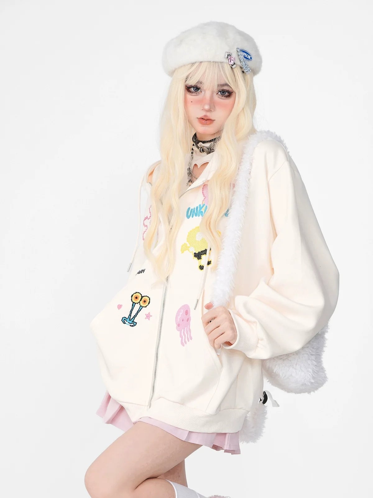 Cream Hoodie With Pastel Pleated Skirt Cream Hoodie With Pastel Pleated Skirt — Pastel Kawaii Outfits 2027