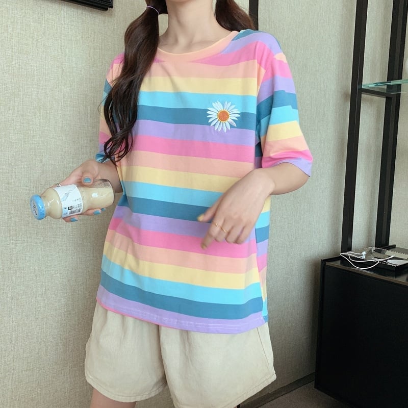 Rainbow Stripe T-Shirt With Daisy Patch Rainbow Stripe T-Shirt With Daisy Patch — Pastel Kawaii Outfits 2027