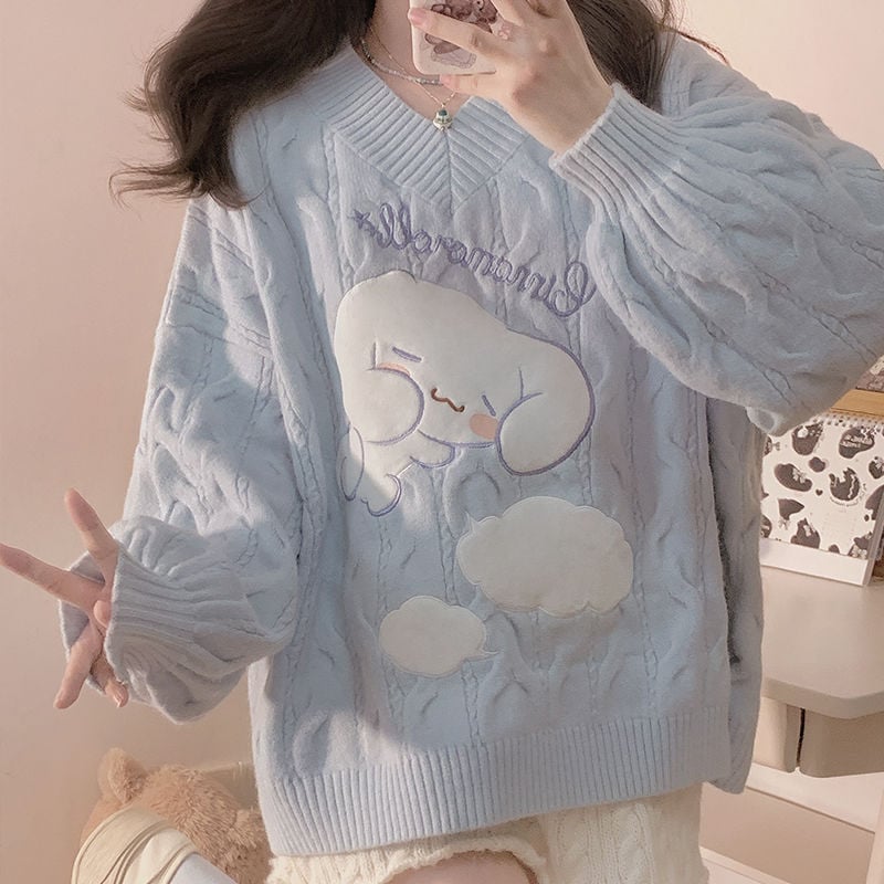 Embroidered Baby Blue Cable Knit Sweater Embroidered Baby Blue Cable Knit Sweater — Pastel Kawaii Outfits 2027