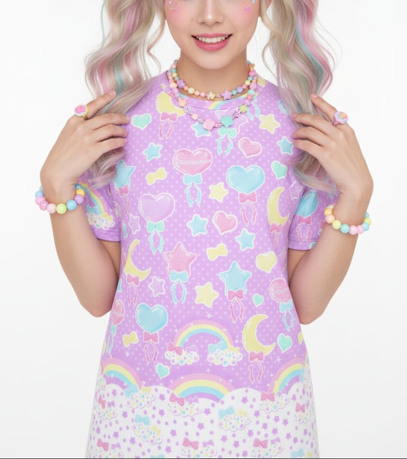 Lavender T-Shirt With All-Over Kawaii Print Lavender T-Shirt With All-Over Kawaii Print — Pastel Kawaii Outfits 2027