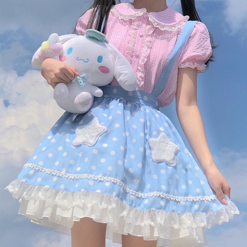 Gingham Shirt With Blue Suspenders Gingham Shirt With Blue Suspenders — Pastel Kawaii Outfits 2027