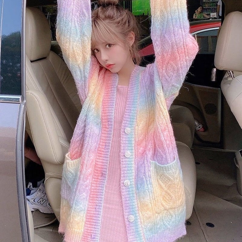 Rainbow Stripe Knit Cardigan Rainbow Stripe Knit Cardigan — Pastel Kawaii Outfits 2027
