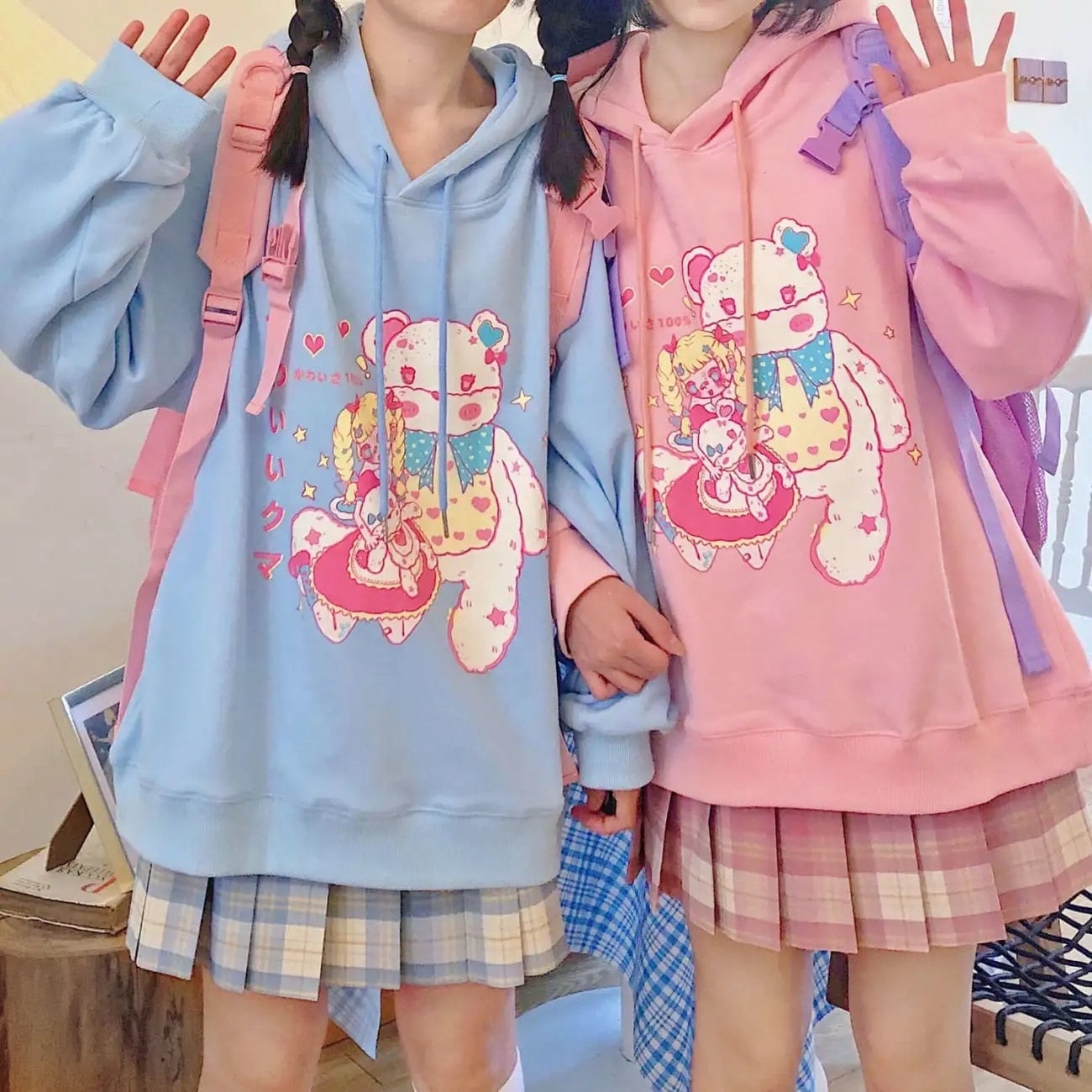Teddy Bear Graphic Hoodie and Plaid Skirt Teddy Bear Graphic Hoodie and Plaid Skirt — Pastel Kawaii Outfits 2027