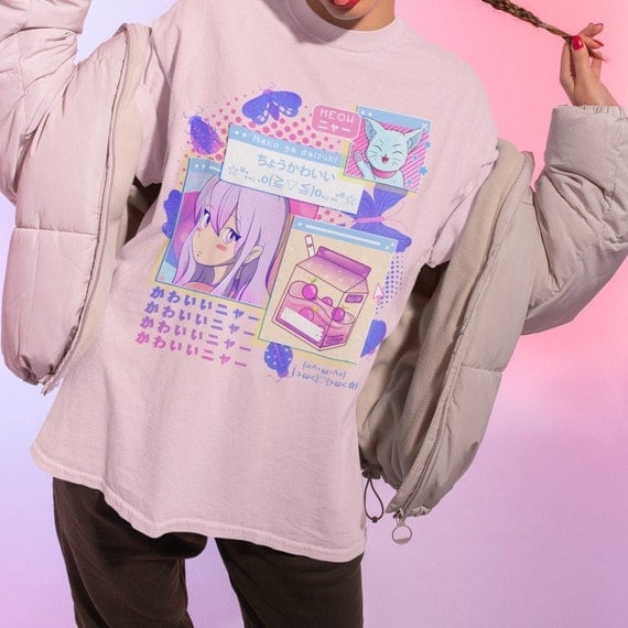 Anime Graphic T-Shirt With Puffer Jacket Anime Graphic T-Shirt With Puffer Jacket — Pastel Kawaii Outfits 2027