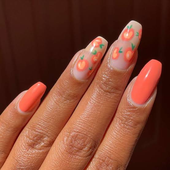 Glossy Coffin Nails with Peach Fruit Art Glossy Coffin Nails with Peach Fruit Art — Peach Coffin Nails 2027