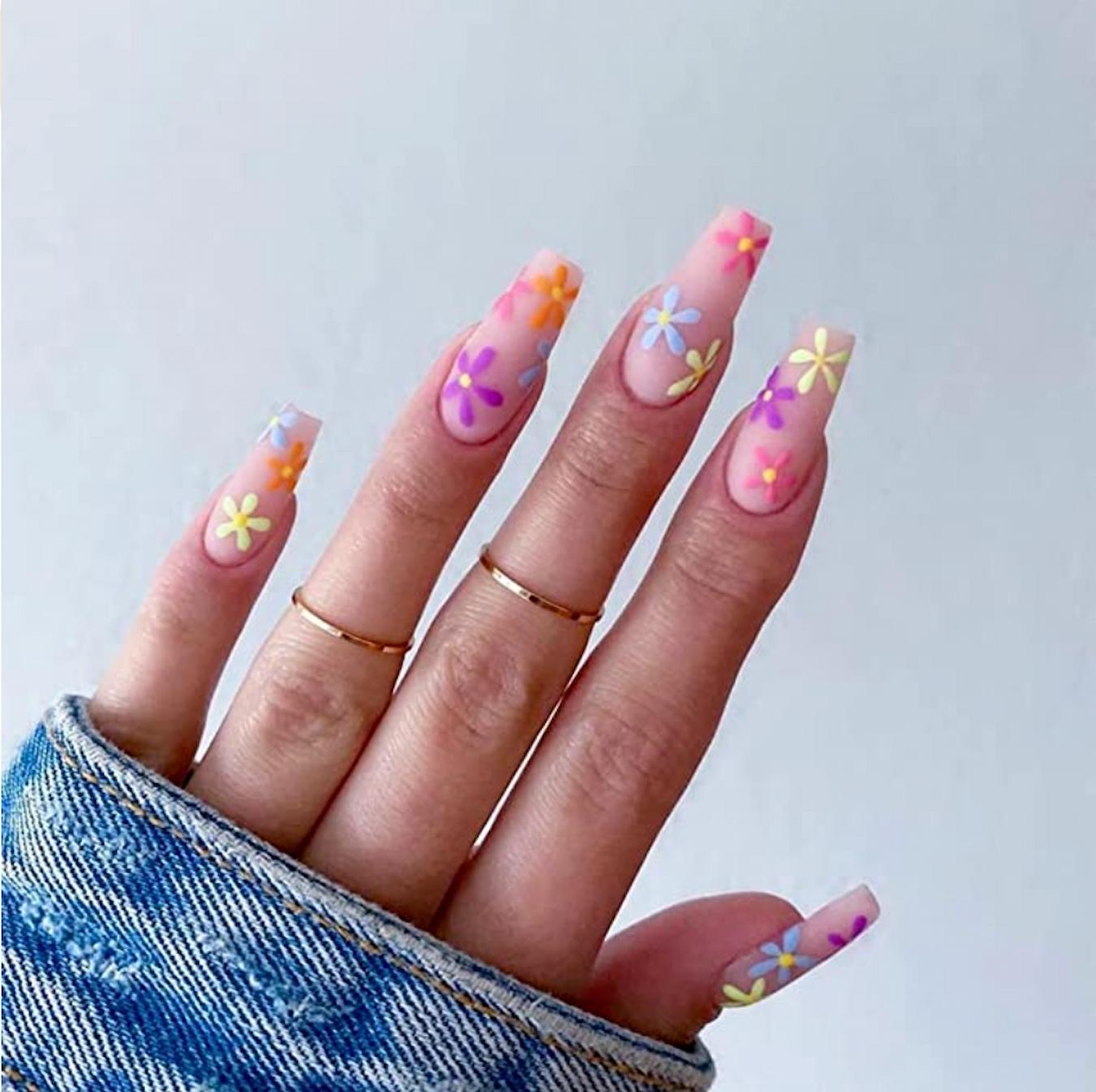 Matte Nude Base with Pastel Floral Coffin Nails Matte Nude Base with Pastel Floral Coffin Nails — Peach Coffin Nails 2027