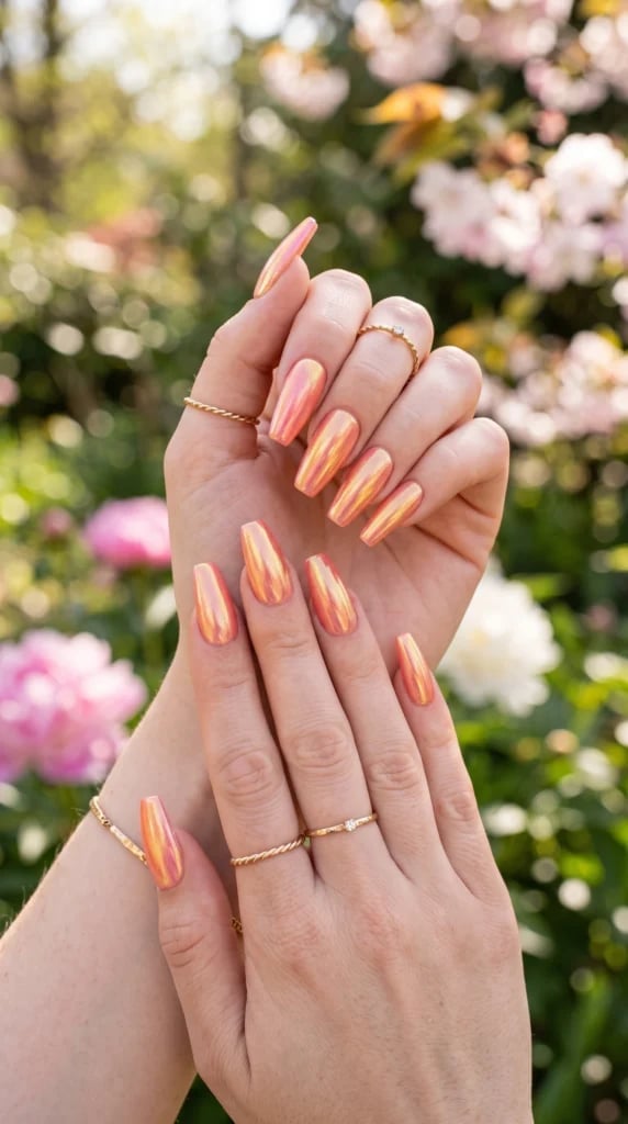 Iridescent Peach Gold Chrome Coffin Nails Iridescent Peach Gold Chrome Coffin Nails — Peach Coffin Nails 2027