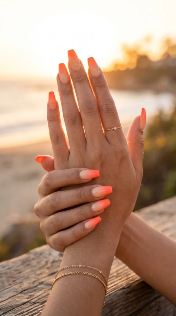 Peach to Orange Gradient French Tip Coffin Nails Peach to Orange Gradient French Tip Coffin Nails — Peach Coffin Nails 2027