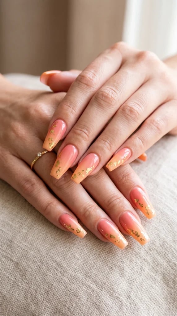 Peach Pink Ombre Coffin Nails with Gold Foil Peach Pink Ombre Coffin Nails with Gold Foil — Peach Coffin Nails 2027