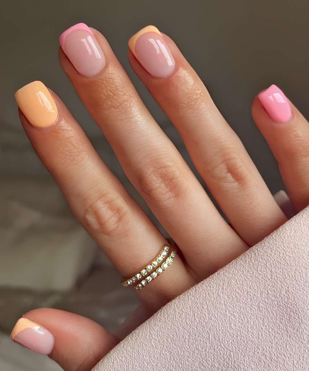 Multi-Color French Tip Short Square Nails Multi-Color French Tip Short Square Nails — Peach French Tip Nails 2027