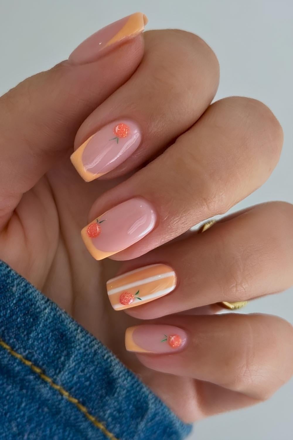Peach Fruit Motif Orange French Tip Square Nails Peach Fruit Motif Orange French Tip Square Nails — Peach French Tip Nails 2027
