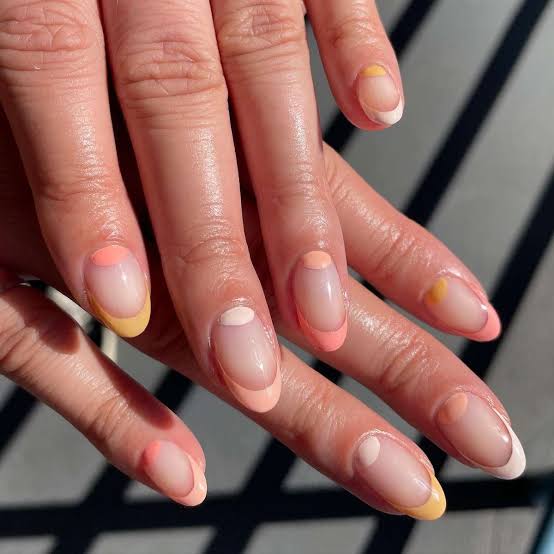 Peach Pink Yellow Gradient French Tip Almond Nails Peach Pink Yellow Gradient French Tip Almond Nails — Peach French Tip Nails 2027