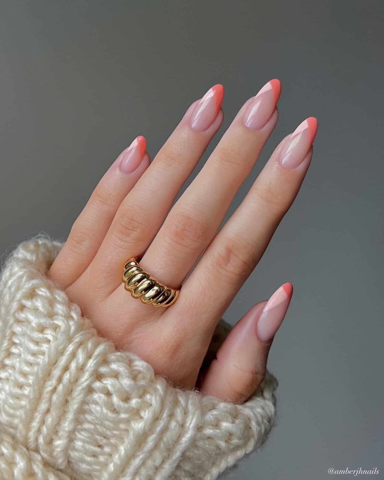 Vibrant Peach Classic French Almond Nails, Close-Up Take Vibrant Peach Classic French Almond Nails, Close-Up Take — Peach French Tip Nails 2027