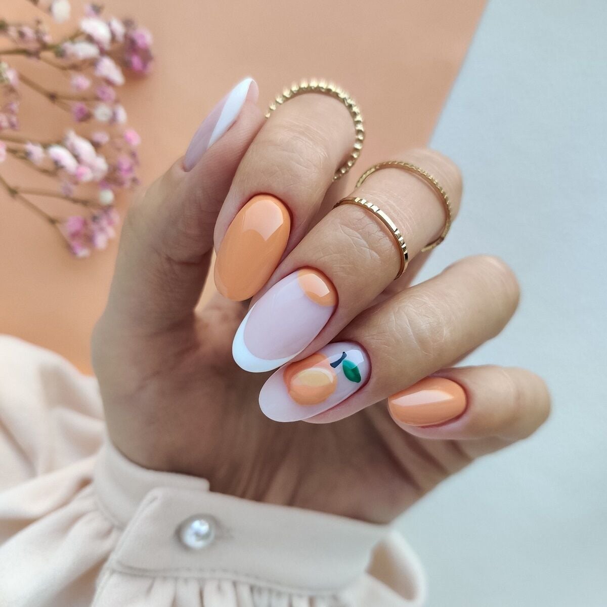 Peach Motif Accent Nail Medium Almond Nails, Close-Up Take Peach Motif Accent Nail Medium Almond Nails, Close-Up Take — Peach French Tip Nails 2027