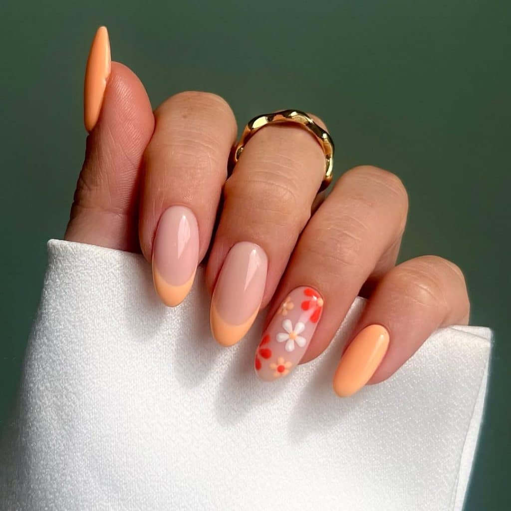 Peach French Tip With Floral Art Oval Nails Peach French Tip With Floral Art Oval Nails — Peach French Tip Nails 2027