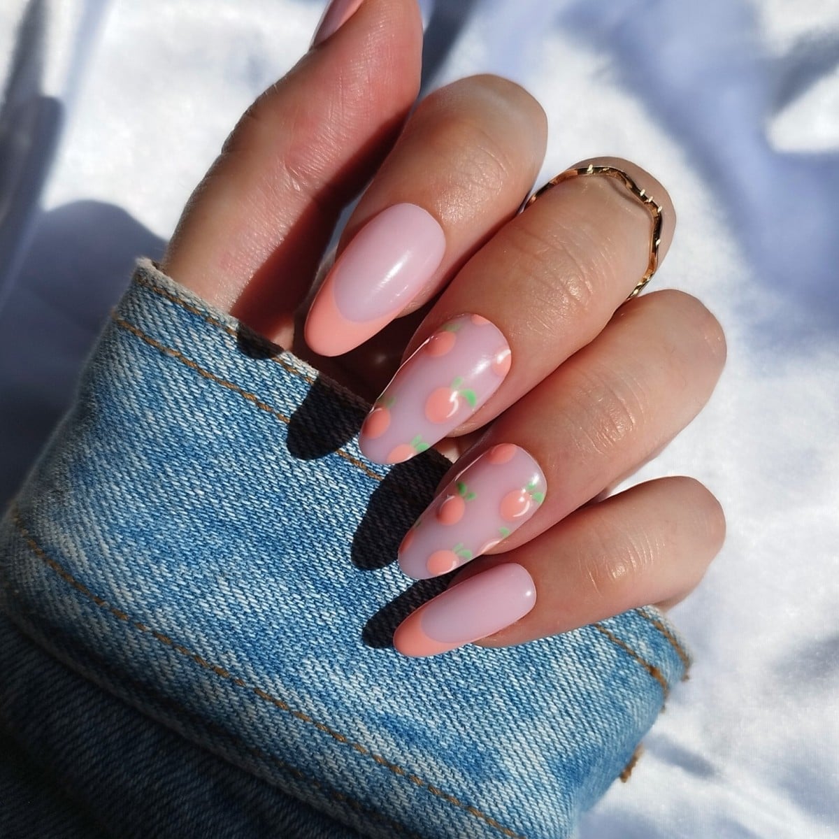 Peach Fruit Motif French Tip Almond Nails Peach Fruit Motif French Tip Almond Nails — Peach French Tip Nails 2027