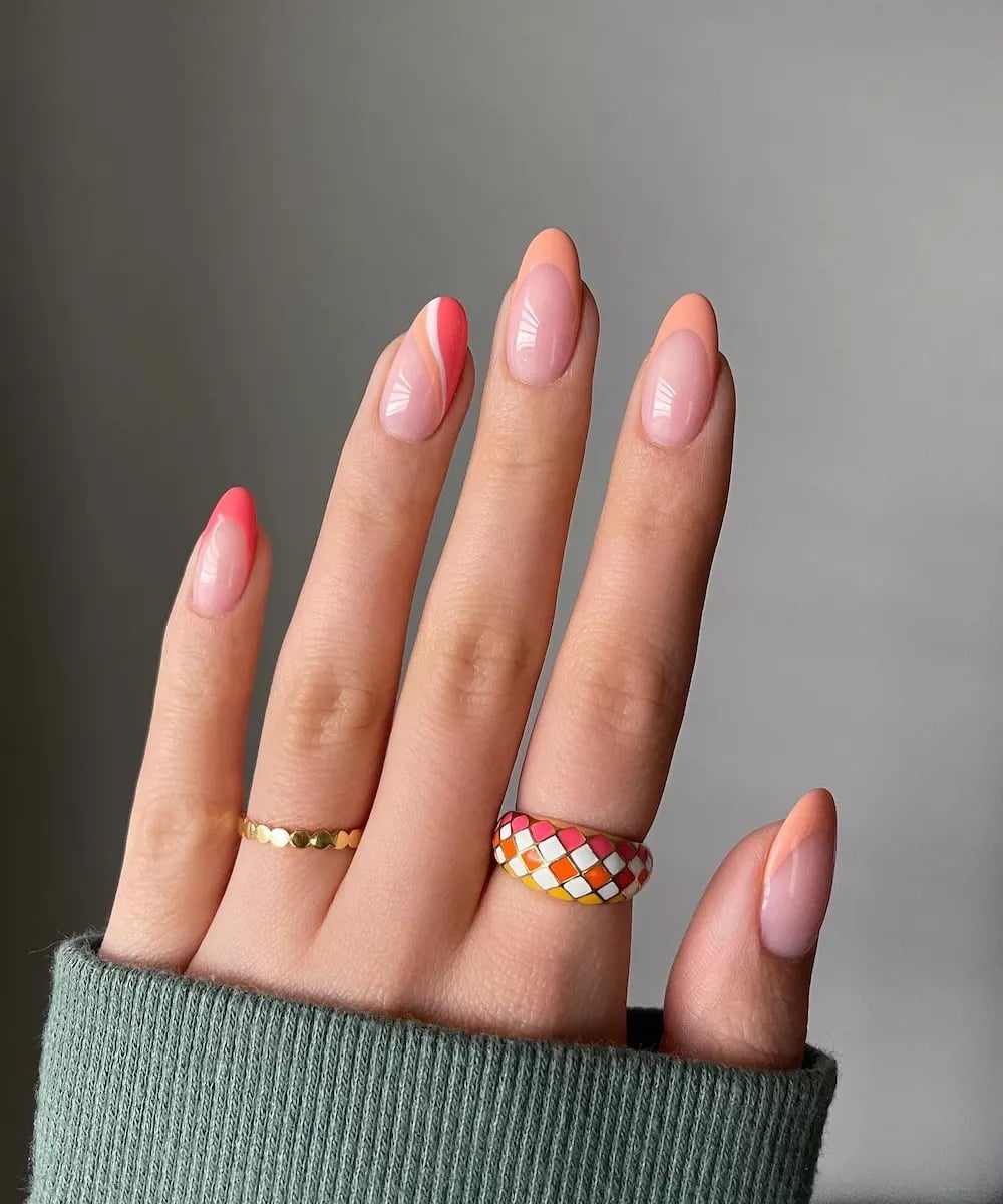 Peach French Tips With Abstract Lines Almond Nails Peach French Tips With Abstract Lines Almond Nails — Peach French Tip Nails 2027