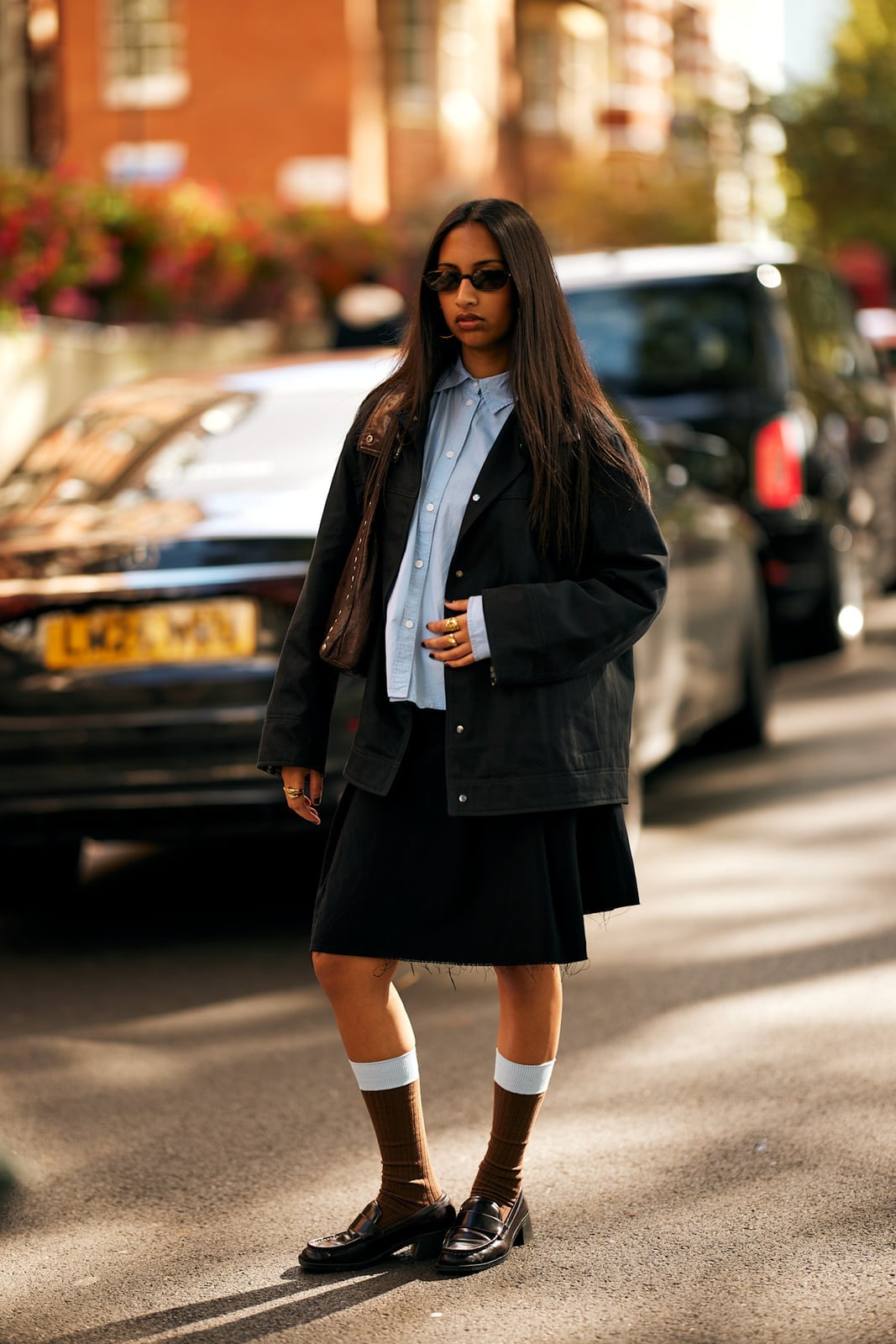 Dark Brown Loafers With Mini Skirt And Oversized Jacket Dark Brown Loafers With Mini Skirt And Oversized Jacket — Penny Loafers Outfits 2027