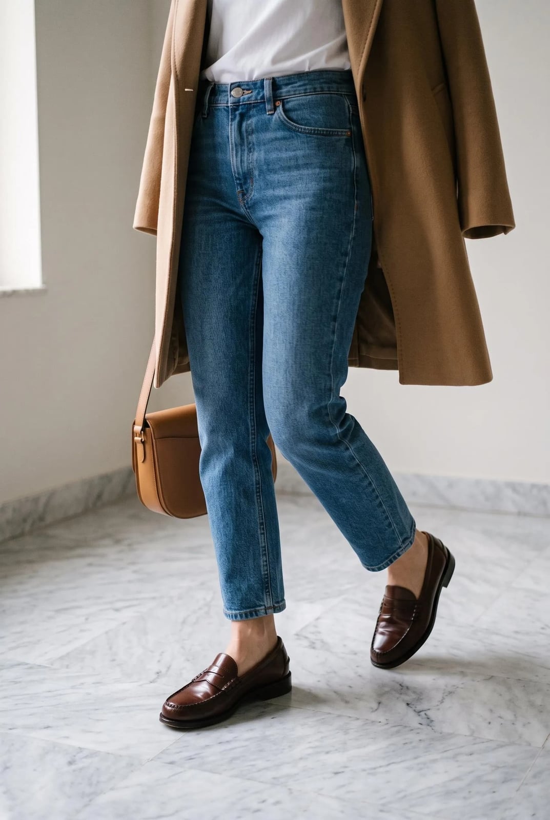 Dark Brown Penny Loafers With Camel Coat And Straight Jeans Dark Brown Penny Loafers With Camel Coat And Straight Jeans — Penny Loafers Outfits 2027