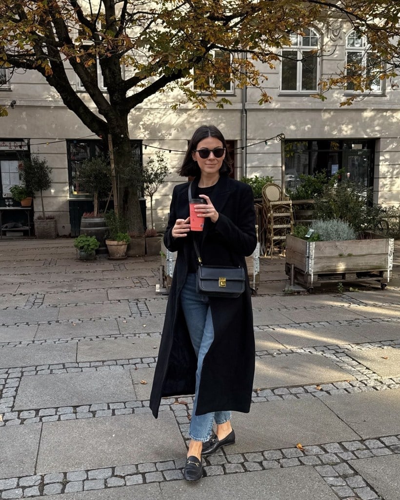 Black Penny Loafers With Long Wool Coat And Jeans Black Penny Loafers With Long Wool Coat And Jeans — Penny Loafers Outfits 2027