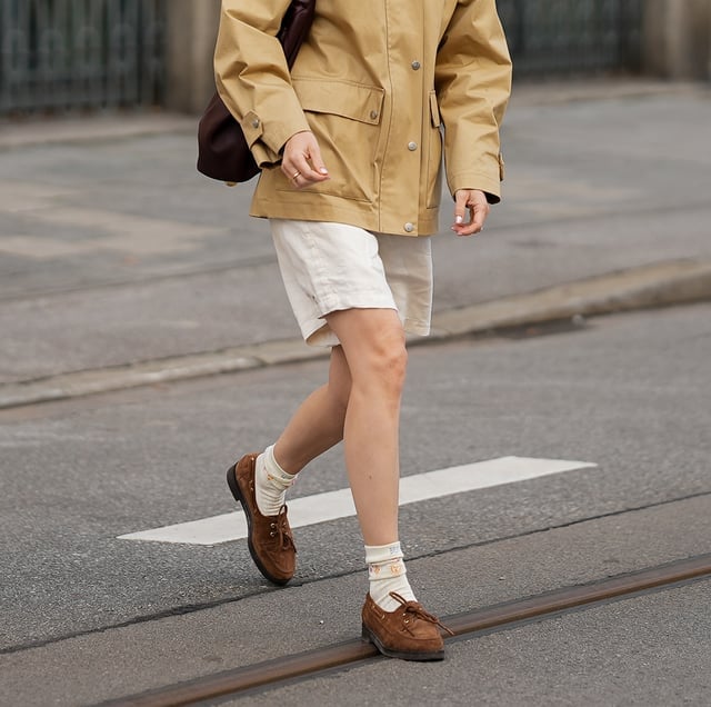 Brown Suede Loafers With White Shorts And Utility, Office-Safe Version Brown Suede Loafers With White Shorts And Utility, Office-Safe Version — Penny Loafers Outfits 2027