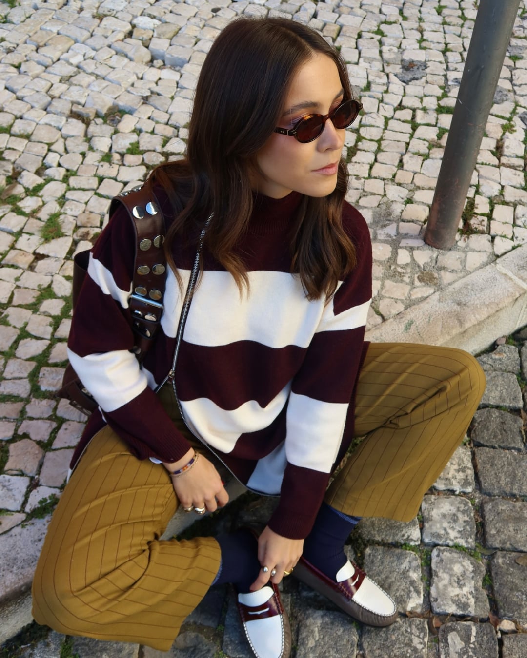 Two-Tone Loafers With Striped Sweater And Wide Trousers Two-Tone Loafers With Striped Sweater And Wide Trousers — Penny Loafers Outfits 2027