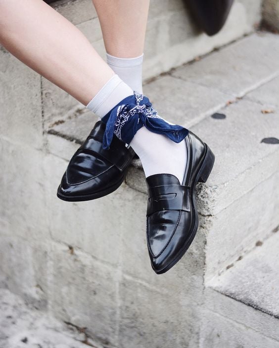 Black Pointed-Toe Loafers With White Socks And Ankle Bandana Black Pointed-Toe Loafers With White Socks And Ankle Bandana — Penny Loafers Outfits 2027