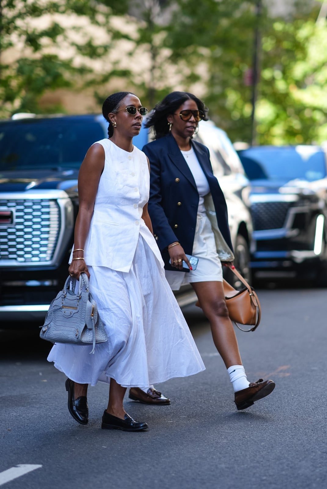 Brown Penny Loafers With Navy Blazer And Shorts, Gold Hoop Earrings Brown Penny Loafers With Navy Blazer And Shorts, Gold Hoop Earrings — Penny Loafers Outfits 2027