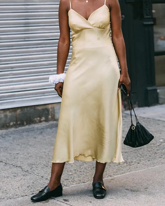Black Square-Toe Loafers With Yellow Satin Slip Dress Black Square-Toe Loafers With Yellow Satin Slip Dress — Penny Loafers Outfits 2027