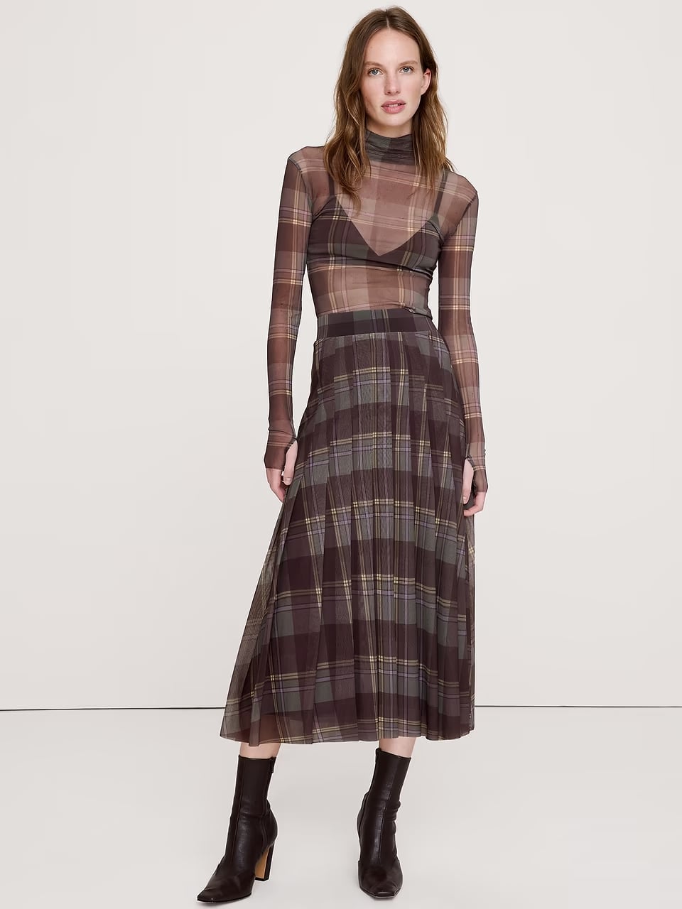 Brown Gray Plaid Pleated Midi Skirt With Sheer Turtleneck Brown Gray Plaid Pleated Midi Skirt With Sheer Turtleneck — Plaid Pleated Skirt Outfits 2027