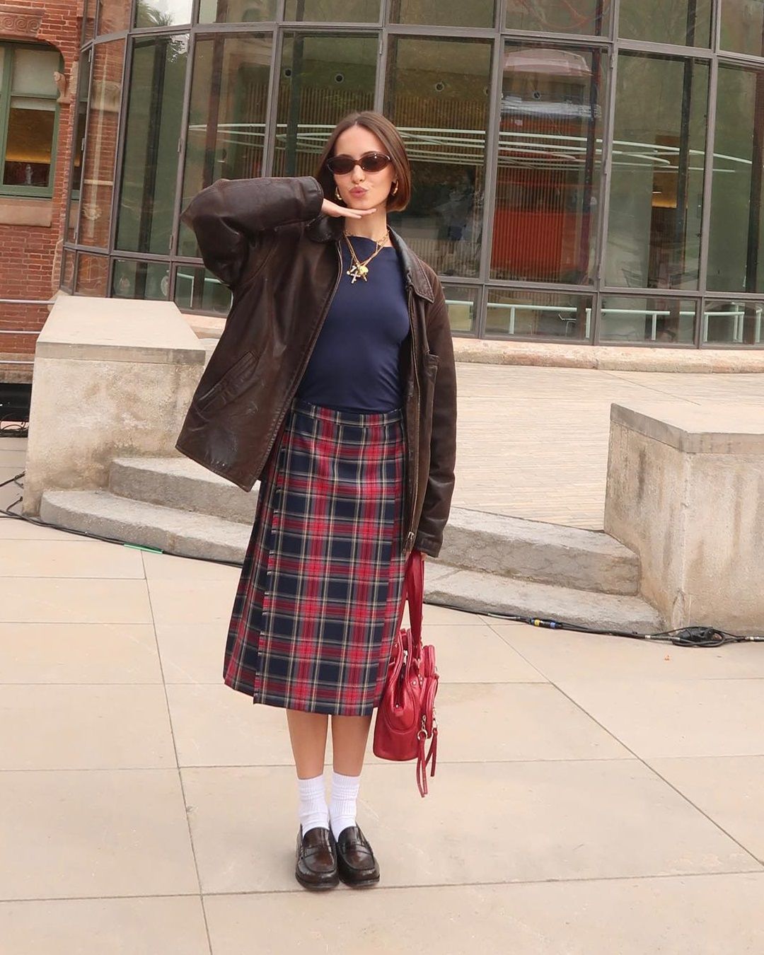 Red Navy Plaid Pleated Skirt With Leather Jacket Red Navy Plaid Pleated Skirt With Leather Jacket — Plaid Pleated Skirt Outfits 2027