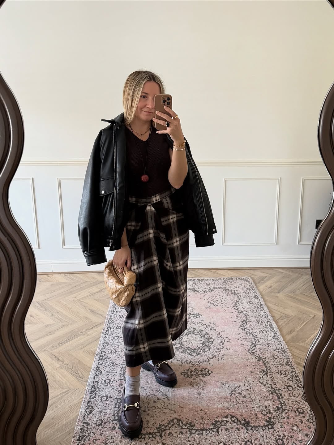 Brown Beige Plaid Midi Skirt With Leather Jacket Brown Beige Plaid Midi Skirt With Leather Jacket — Plaid Pleated Skirt Outfits 2027