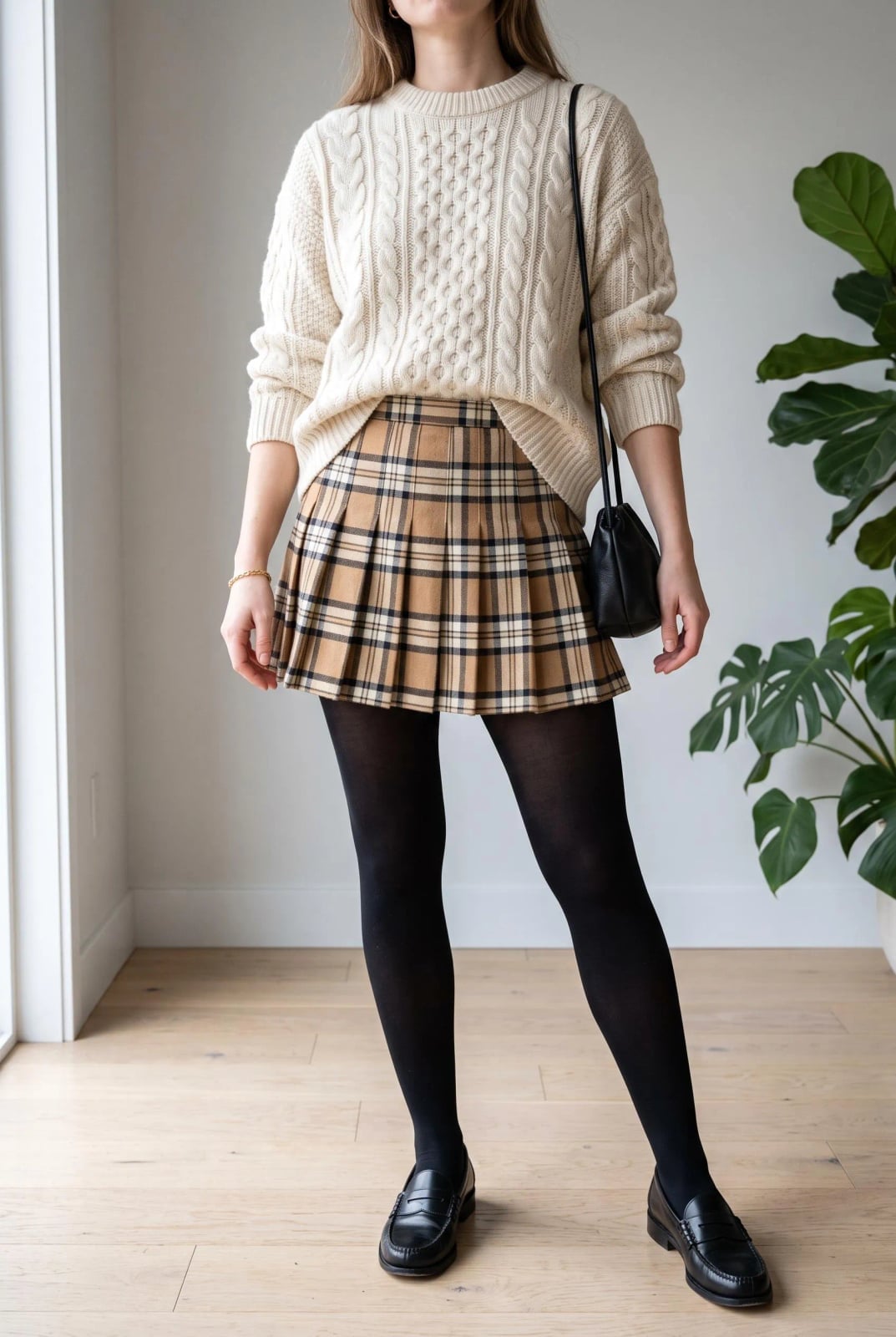 Tan Black Plaid Pleated Mini Skirt With Cable Knit Sweater Tan Black Plaid Pleated Mini Skirt With Cable Knit Sweater — Plaid Pleated Skirt Outfits 2027