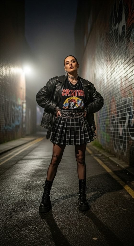 Black Plaid Mini Skirt With Leather Jacket, Silver Chain Necklace Black Plaid Mini Skirt With Leather Jacket, Silver Chain Necklace — Plaid Tennis Skirt Outfits 2027