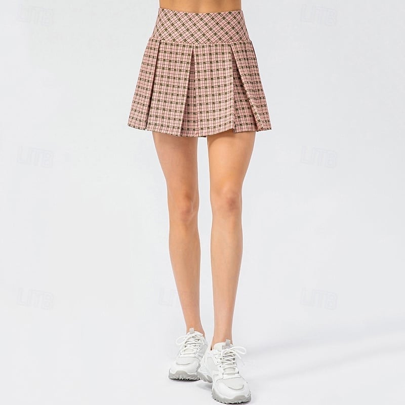 Pink Beige Plaid Mini Skirt With Sneakers Pink Beige Plaid Mini Skirt With Sneakers — Plaid Tennis Skirt Outfits 2027