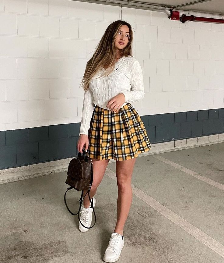 Yellow Plaid Mini Skirt With Cable Knit Sweater Yellow Plaid Mini Skirt With Cable Knit Sweater — Plaid Tennis Skirt Outfits 2027