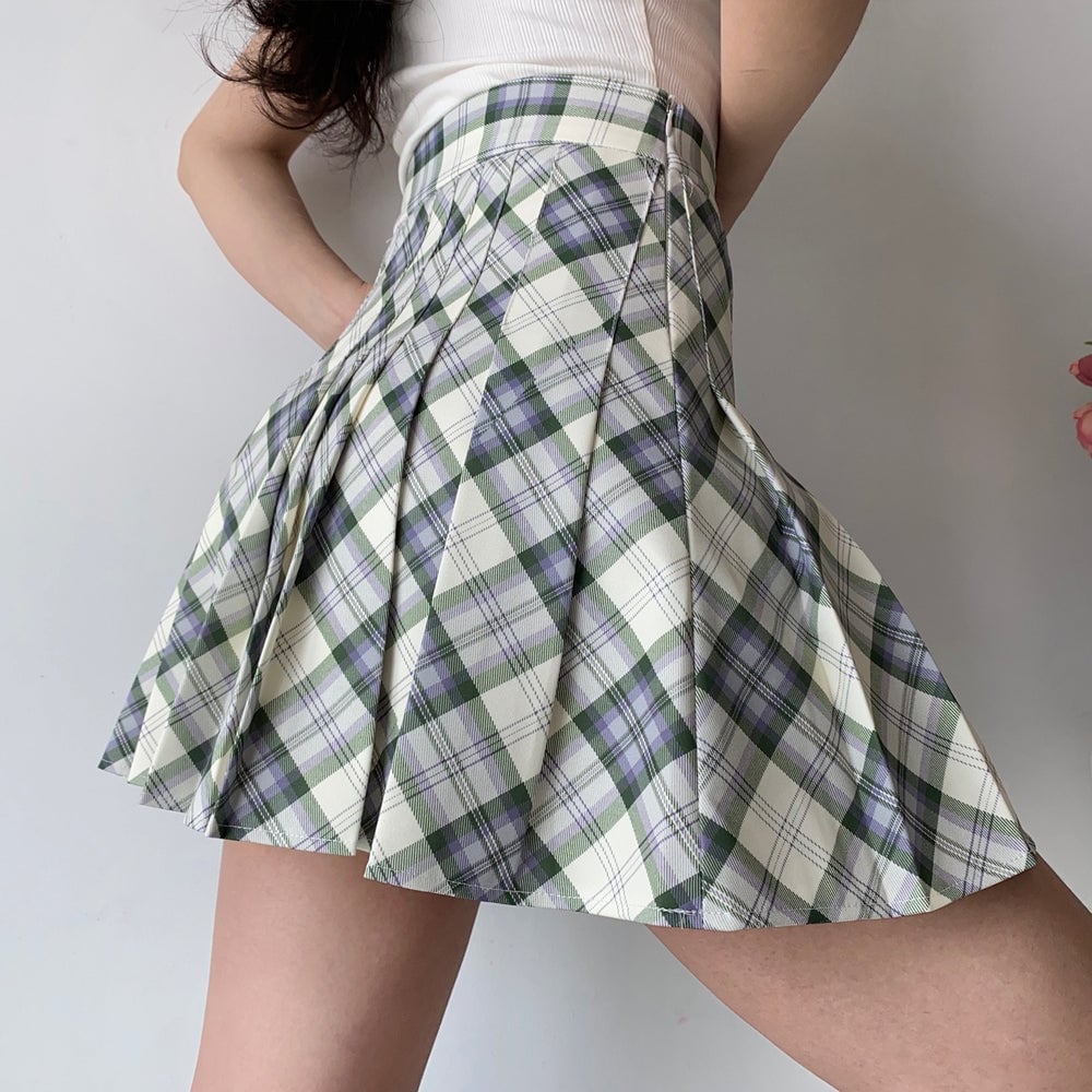 Green Purple Plaid Mini Skirt With Ribbed Tank Green Purple Plaid Mini Skirt With Ribbed Tank — Plaid Tennis Skirt Outfits 2027