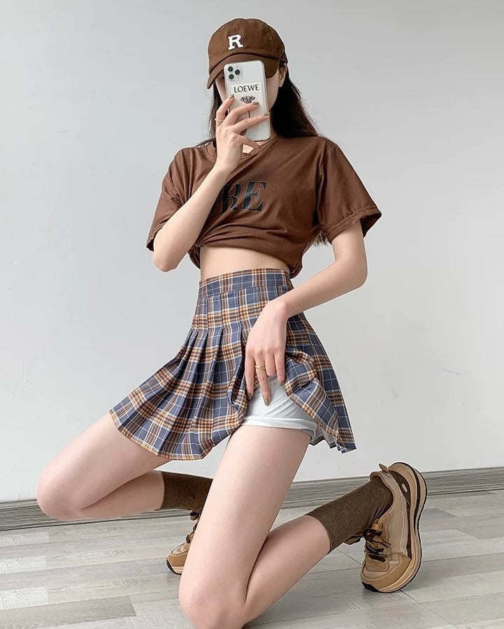 Blue Plaid Mini Skirt With T-shirt And Cap Blue Plaid Mini Skirt With T-shirt And Cap — Plaid Tennis Skirt Outfits 2027