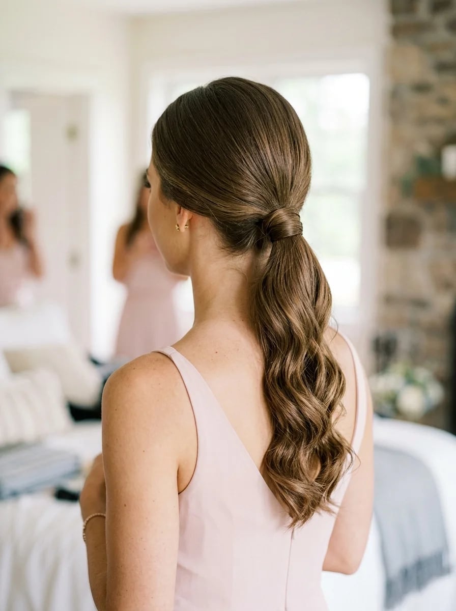 Low Ponytail Soft Waves Brown Highlights — Ponytail Bridal Shower Hairstyles 2027