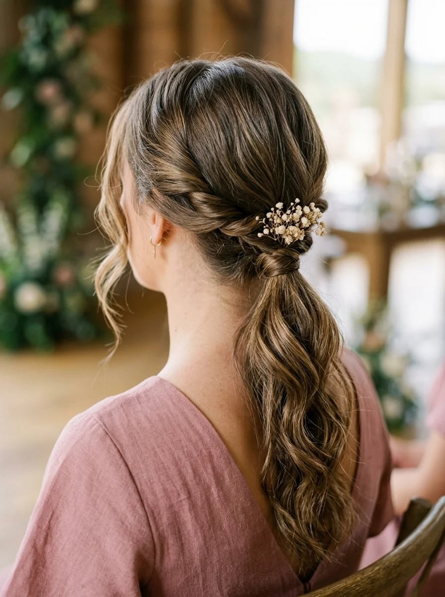 Low Ponytail Twisted Accents Floral Accessory — Ponytail Bridal Shower Hairstyles 2027