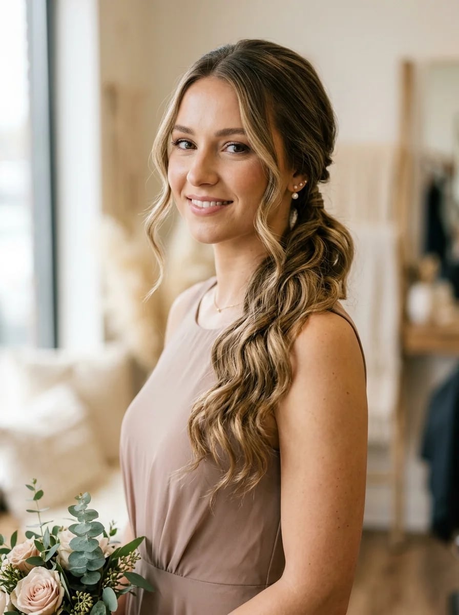 Side Ponytail With Loose Waves And Bangs — Ponytail Bridal Shower Hairstyles 2027
