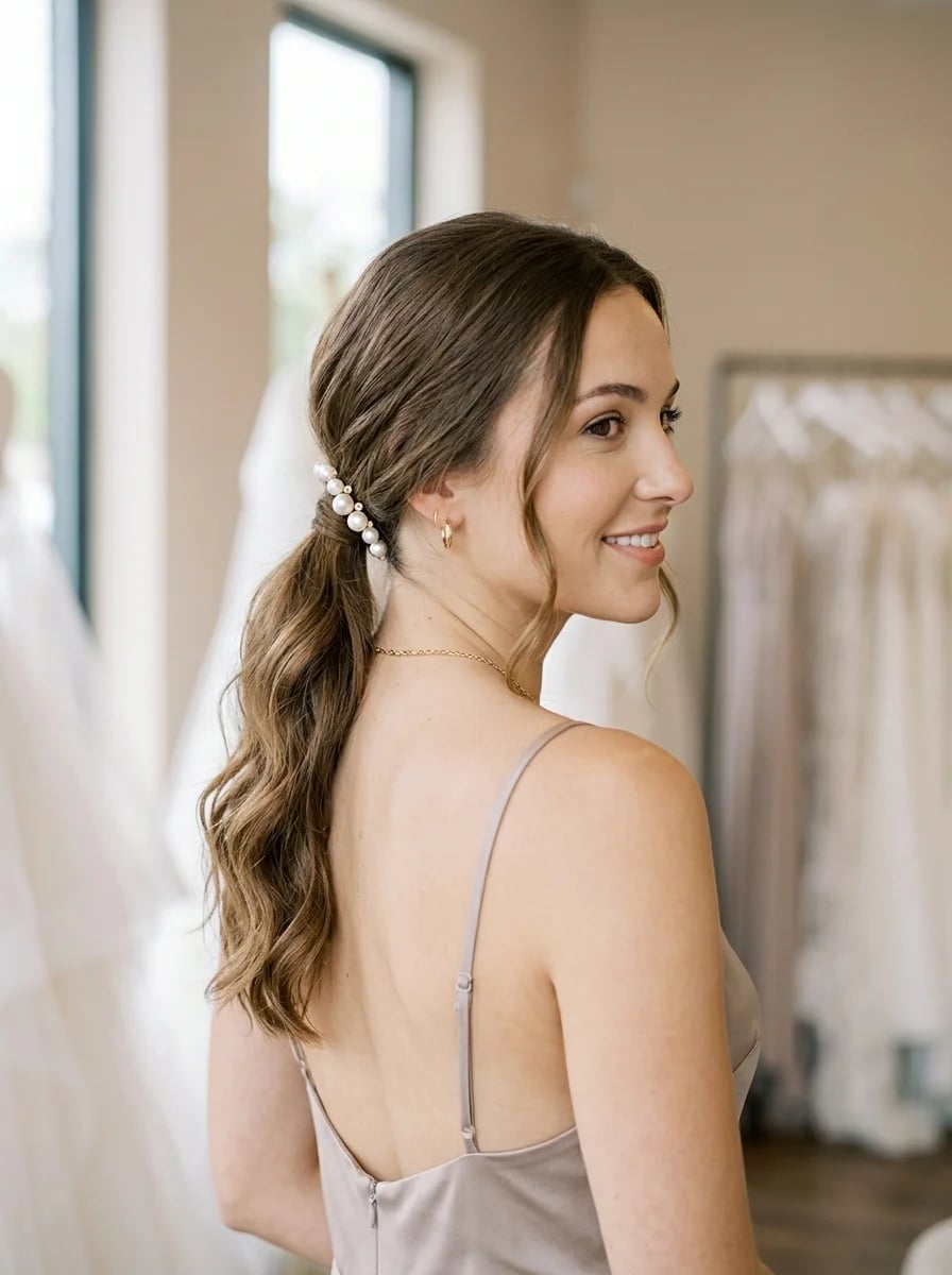 Collarbone Ponytail With Pearl Accessory — Ponytail Bridal Shower Hairstyles 2027