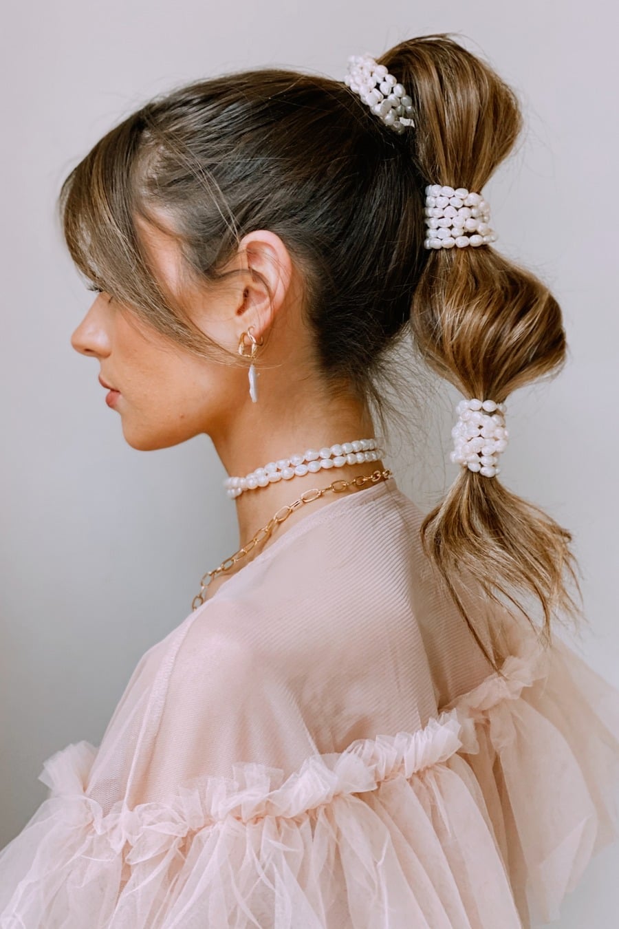 Dark Brown Bubble Ponytail With Side Swept Bangs — Ponytail Bridal Shower Hairstyles 2027