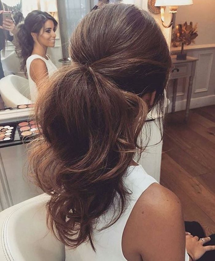 Voluminous Dark Brown Ponytail Curls — Ponytail Bridal Shower Hairstyles 2027