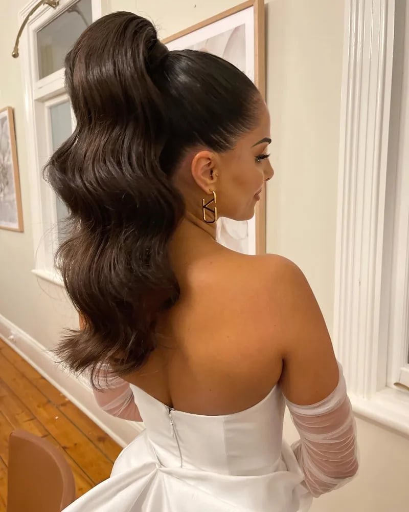 High Ponytail Sculpted Dark Brown Waves — Ponytail Bridal Shower Hairstyles 2027