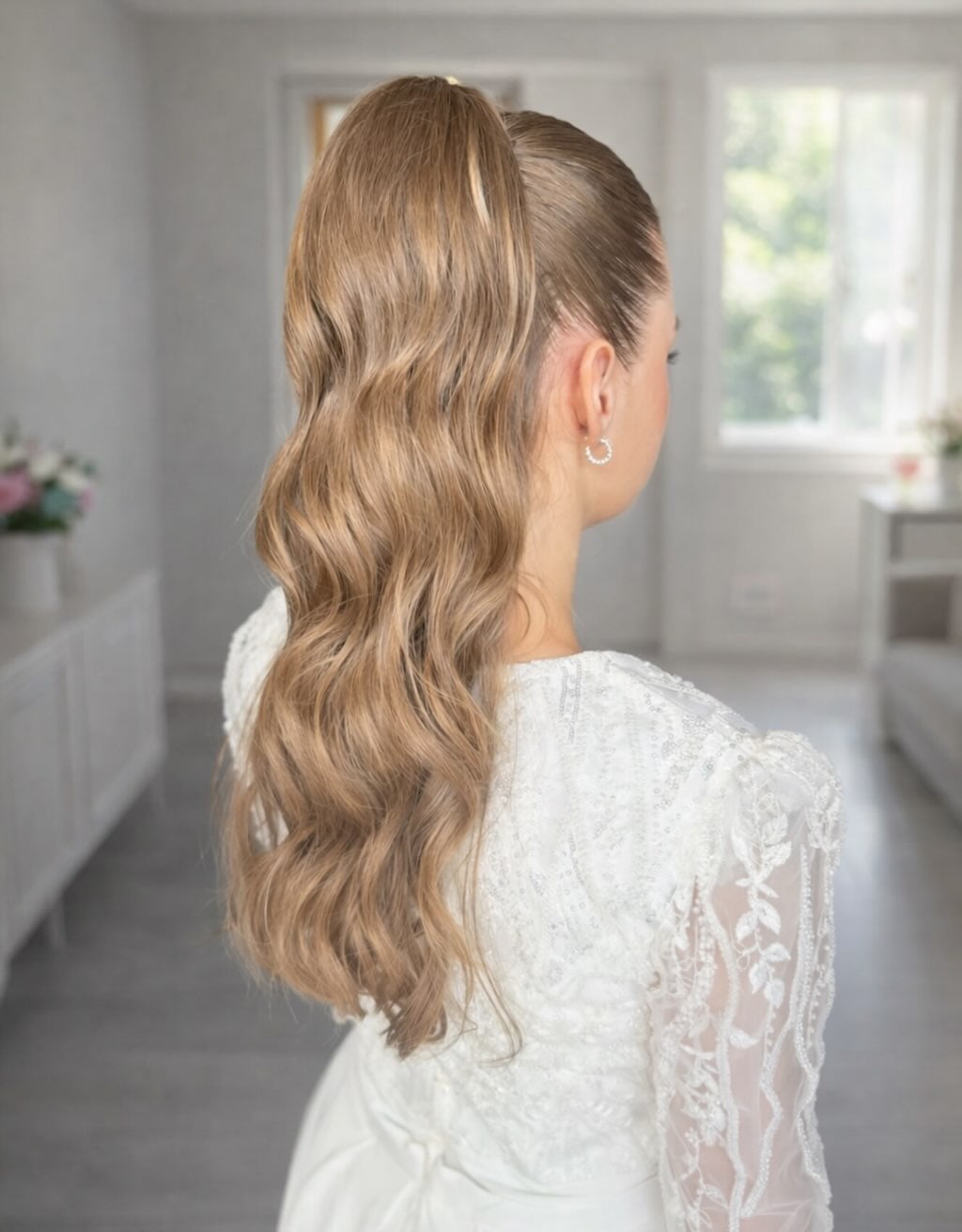 Ash Blonde High Ponytail Polished Waves — Ponytail Bridal Shower Hairstyles 2027