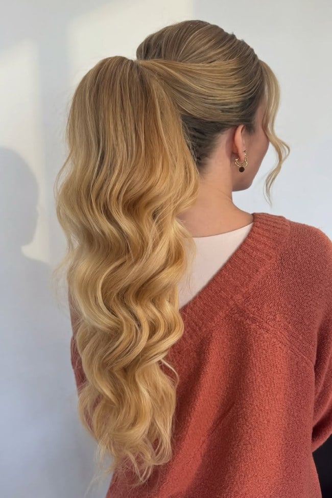 Honey Blonde Ponytail Voluminous Waves, Long — Ponytail Bridal Shower Hairstyles 2027